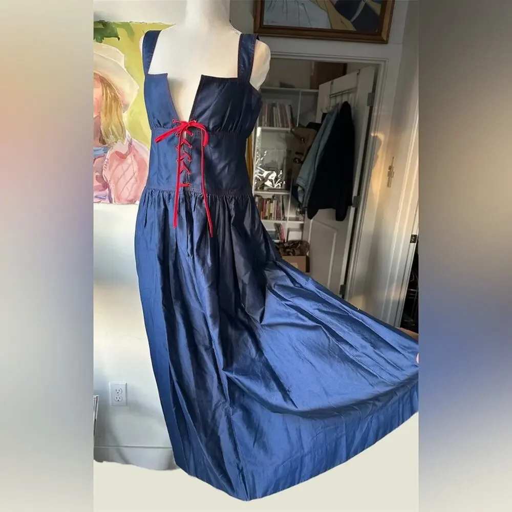 70s Givenchy Navy Dress with Red Lace-Up Corset Empire Bustier Accent - Picture 7 of 11